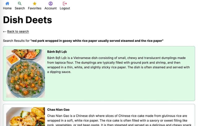 a web page showing search results from a dish description written in English